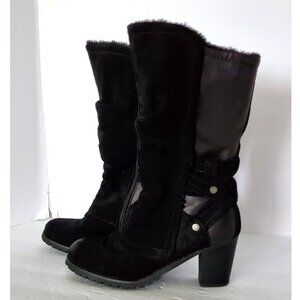 Baretraps Black Faux Fur Lined Suede/Leather Mid-Calf Block Heel Boot Sz 8 Moto